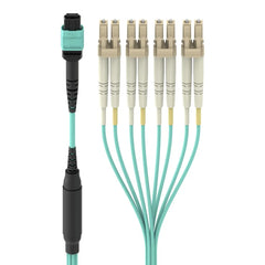 MTP to LC Fiber Optic Cable, 40GB Aqua Multimode MTP/8x LC, 50/125, OM3, Plenum